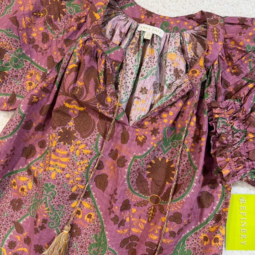Anna Cate NWT Nora Blouse XL Purple Hunter Paisley Floral Puff Sleeve Tassel